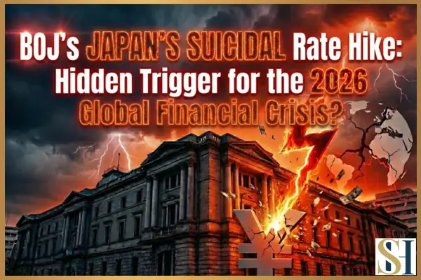 Concept art depicting a dam collapse shaped like the Yen symbol, representing the unwinding of the $9.3 trillion carry trade and the 2026 global financial crisis triggered by Japan's interest rate hike.